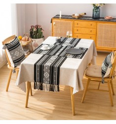 Custom Black And White Cotton Handmade Woven Dining Table Runner And Mat Set 