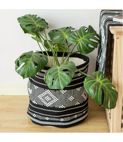 Wholesale Foldable Round Jacquard Black Kitchen Vegetable Laundry Basket Large Geometric Woven Plant Other Storage Baskets 