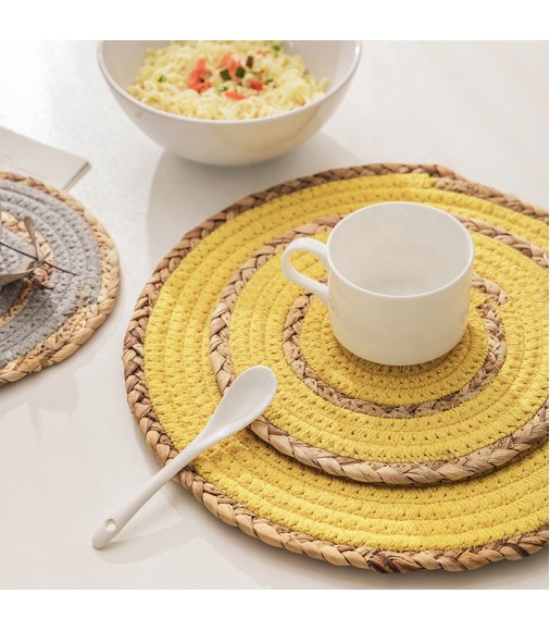 Custom Eco-Friendly Cotton Handwoven Dining Table Mat Coaster Wholesale Boho Wedding Gold Natural Straw Woven Round Placemats
