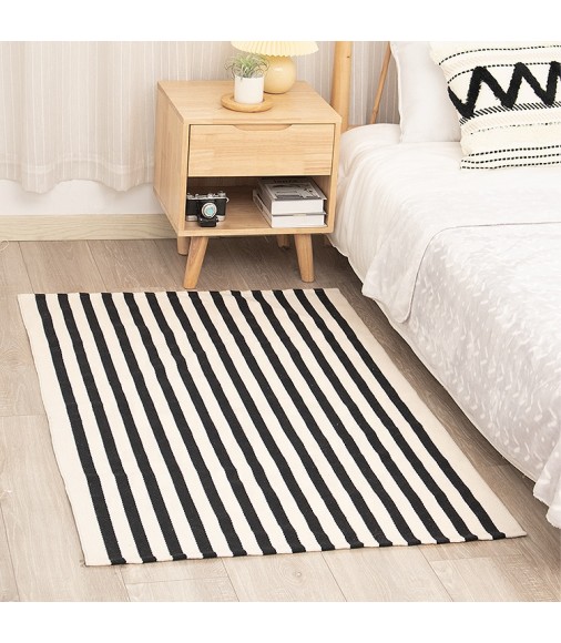 Wholesale Washable Black White Stripe Yarn Dyed Living Room Cotton Woven Simple Classic Bathroom Kilim Rug 