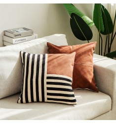 Hot Selling Brown Modern Stripe Solid Pu Decorative Square Splicing Leather Throw Cushion Pillow Cover 
