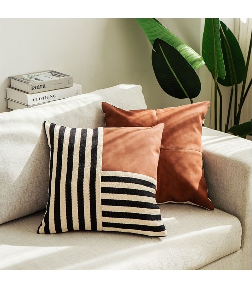 Hot Selling Brown Modern Stripe Solid Pu Decorative Square Splicing Leather Throw Cushion Pillow Cover 
