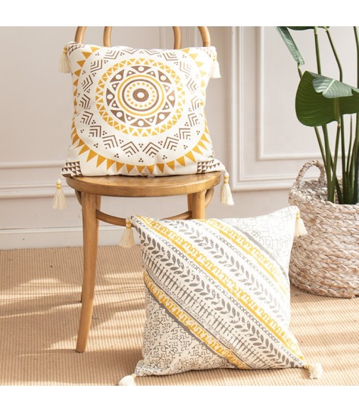 Modern Printed Leafs Boho Macrame Pillow Covers Woven Handmade Tassel Home Decor Cushion Cover 