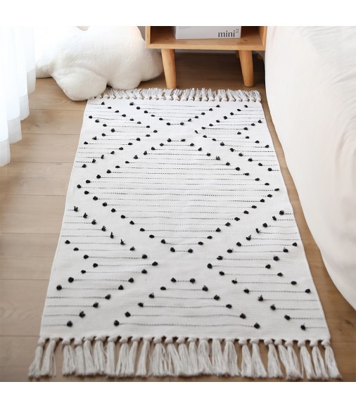Hot Selling Home Decor Living Room Farmhouse Boho Carpets Simple Black White Cream Yarn Dyed Bedroom Cotton Woven Rugs 