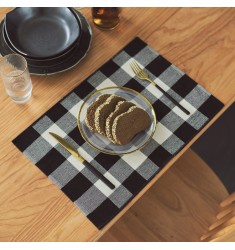 Modern Black And White Lattice Classic Plaid Placemats Set Dining Room Decorative Cotton Woven Table Mats Set 