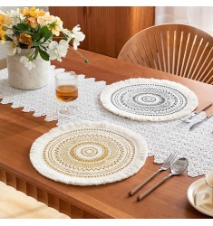 High Quality Printed Farmhouse Boho Adult Party Fringe Dining Table Mat Sets Bohemian Natural Round Cotton Woven Table Placemats 