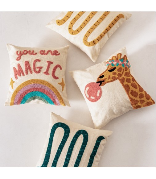 2022 Cartoon Animal Pattern Rainbow Kids Room Decor 100% Cotton Embroidery Throw Pillow Cover 
