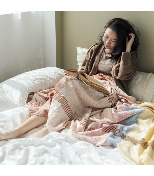 Boho Spring Autumn Use Multi Pink Blue Stripe Color Pure Cotton Comfortable Throw Blanket For Sofa Chair Bed Use 