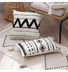 Top Quality Bohemia Style Black And White Geometric Printed Hand Tufted Cotton Cushion Cover Pillow Cover Decorative 