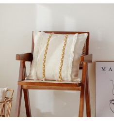 Minimalist Couch Decorative Beige Cotton Woven Handmade Braid Tassel Throw Pillow Cover 