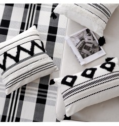 Nordic Style Moroccan Cushion Cover Black White Cotton Woven Jacquard Handmade Tufted Pattern Tassel Kilim Pillow Cover Case 