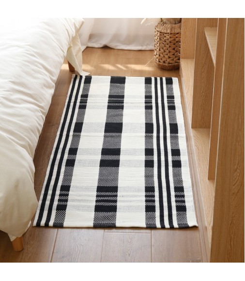 Hot Selling Kitchen Laundry Room Decor Black And White Cotton Woven Welcome Doormat Outdoor Patio Buffalo Plaid Check Area Rug 