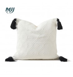 MOCOFO Textured White Throw Pillow Cover - Geometric Woven Cushion with Black Tassels