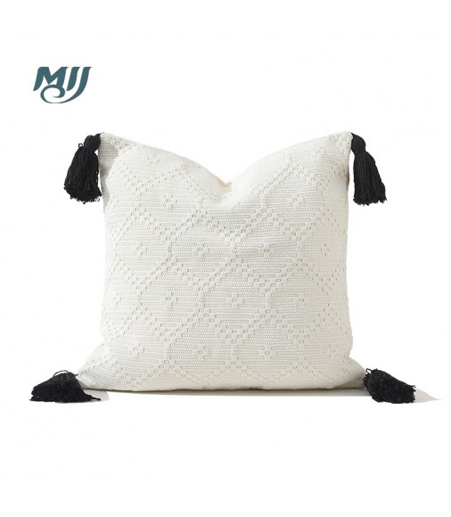 MOCOFO Textured White Throw Pillow Cover - Geometric Woven Cushion with Black Tassels