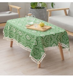 MOCOFO Boho Green & White Patterned Tablecloth with Tassels - Bohemian Style Table Cover for Dining & Decor
