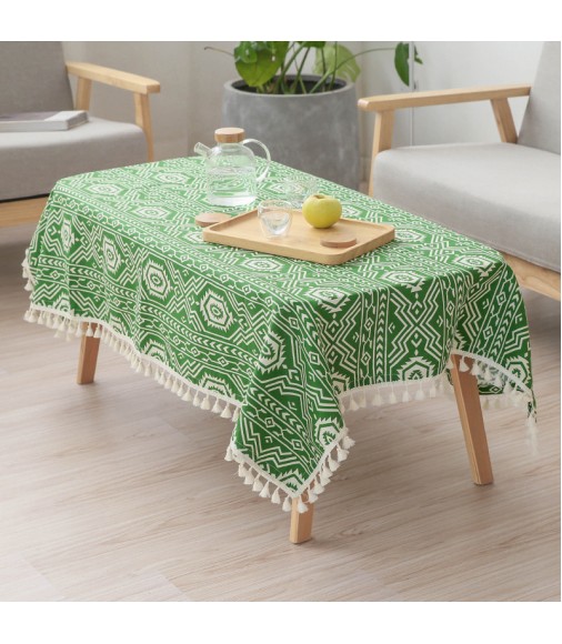 MOCOFO Boho Green & White Patterned Tablecloth with Tassels - Bohemian Style Table Cover for Dining & Decor