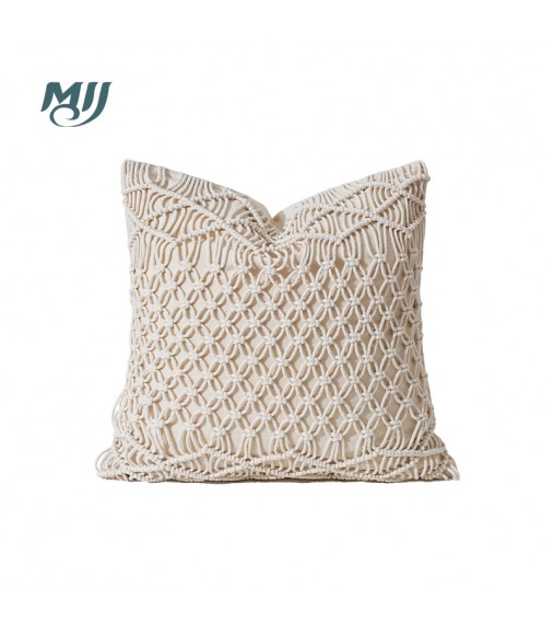 Boho Macrame Throw Pillow Cover - Handmade Knotted Decorative Cushion Case for Sofa, Bed, Living Room - MOCOFO
