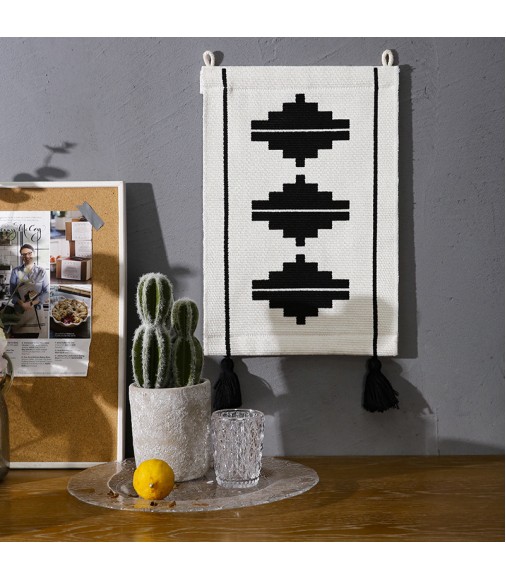 MOCOFO Geometric Print Wall Hanging Tapestry - Modern Black and White Woven Art Decor with Tassels for Living Room, Bedroom, Office