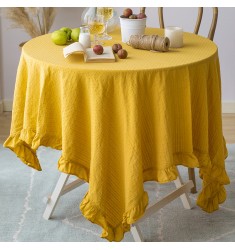 MOCOFO Solid Mustard Yellow Tablecloth with Ruffles - Elegant Table Cover for Dining & Parties