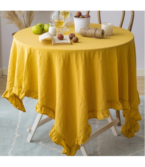 MOCOFO Solid Mustard Yellow Tablecloth with Ruffles - Elegant Table Cover for Dining & Parties