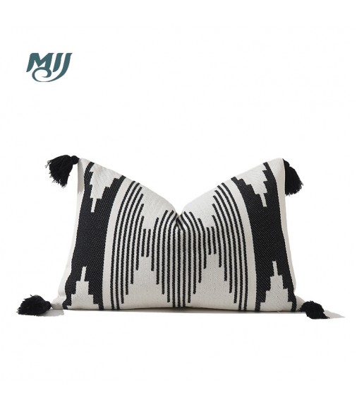 MOCOFO Black and White Geometric Lumbar Pillow Cover - Modern Decorative Cushion with Tassels