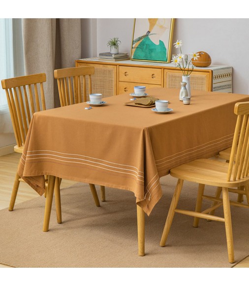 MOCOFO Solid Caramel Brown Tablecloth with Striped Hem - Elegant Table Cover for Dining & Everyday Use