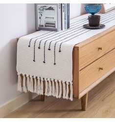 MOCOFO Modern Farmhouse Table Runner - Embroidered Linen Blend Runner with Tassels for Dining Table Decor