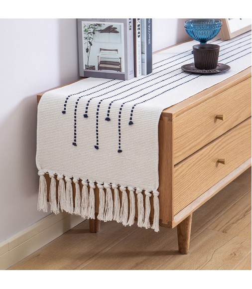 MOCOFO Modern Farmhouse Table Runner - Embroidered Linen Blend Runner with Tassels for Dining Table Decor