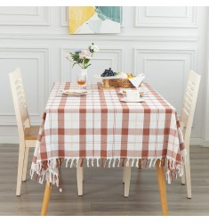 MOCOFO Rustic Brown & White Gingham Tablecloth with Tassels - Farmhouse Check Table Cover for Dining