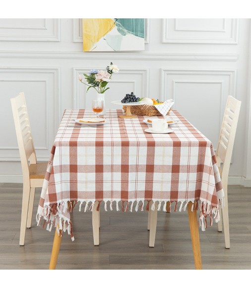 MOCOFO Rustic Brown & White Gingham Tablecloth with Tassels - Farmhouse Check Table Cover for Dining