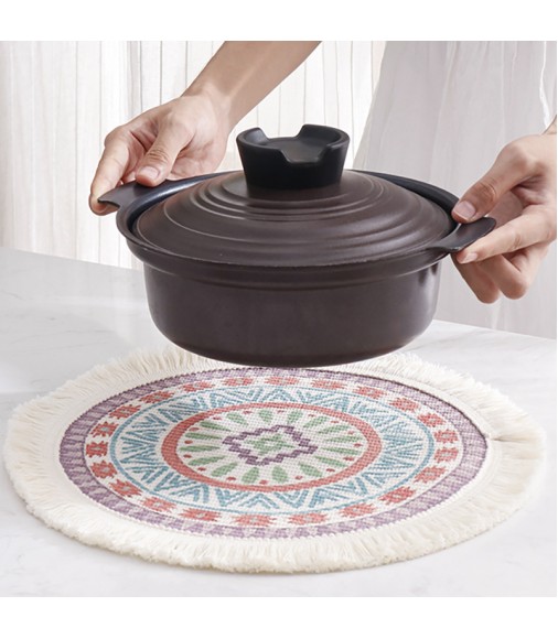MOCOFO Round Bohemian Placemat with Fringe - Colorful Woven Table Mat