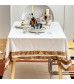 MOCOFO Ruffled Edge Tablecloth - Elegant White Linen Blend Table Cover with Brown Ruffles for Dining & Decor