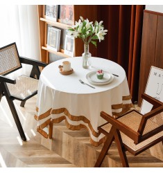 MOCOFO Ruffled Edge Tablecloth - Elegant White Linen Blend Table Cover with Brown Ruffles for Dining & Decor