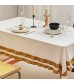 MOCOFO Ruffled Edge Tablecloth - Elegant White Linen Blend Table Cover with Brown Ruffles for Dining & Decor