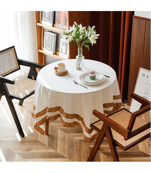 MOCOFO Ruffled Edge Tablecloth - Elegant White Linen Blend Table Cover with Brown Ruffles for Dining & Decor
