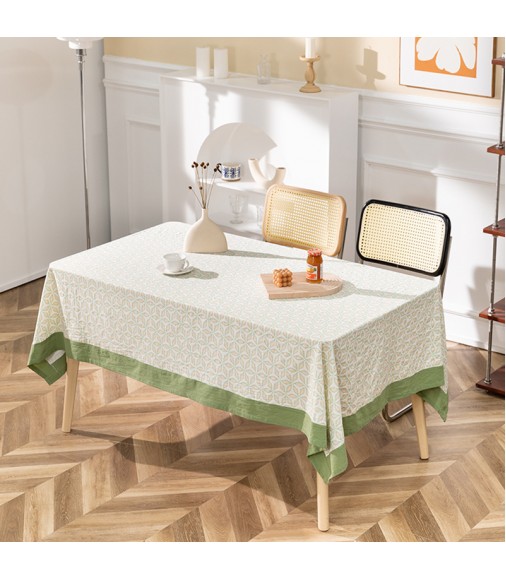 MOCOFO Geometric Pattern Tablecloth with Green Border - Stylish Table Cover for Dining & Kitchen