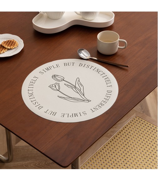 MOCOFO Round Woven Placemat - Beige with Embroidered Edge - Table Decor