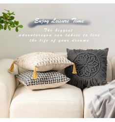 MOCOFO Macrame Throw Pillow Cover, Boho Decorative Cushion Sham with Fringe Accents