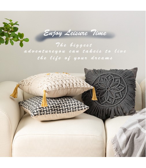 MOCOFO Macrame Throw Pillow Cover, Boho Decorative Cushion Sham with Fringe Accents