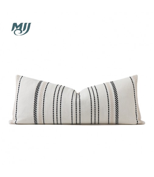 MOCOFO Handwoven Striped Lumbar Pillow - Off-White Decorative Oblong Cushion for Sofa and Bed