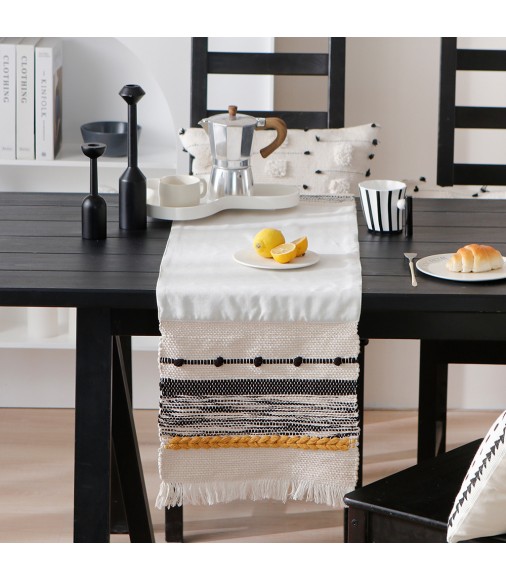 MOCOFO Textured Farmhouse Table Runner - Cream White Woven Runner with Tassels for Dining Decor