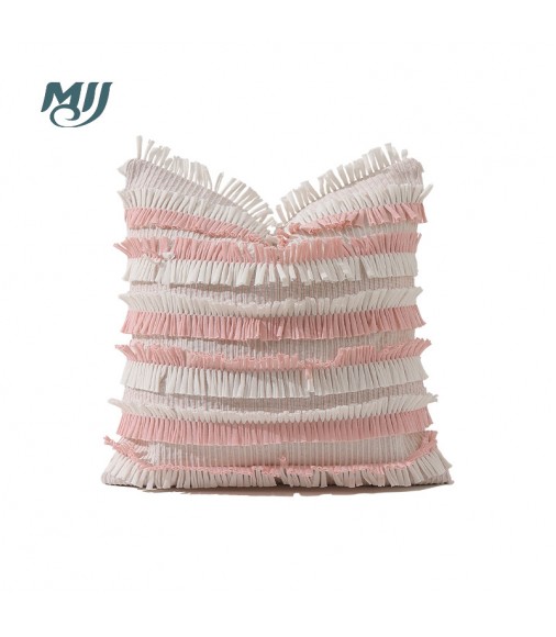 MOCOFO Fringed Throw Pillow Cover - Textured Boho Decorative Cushion with Yellow Stripes