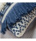 MOCOFO Blue and White Fringed Throw Pillow Cover - Textured Boho Decorative Cushion