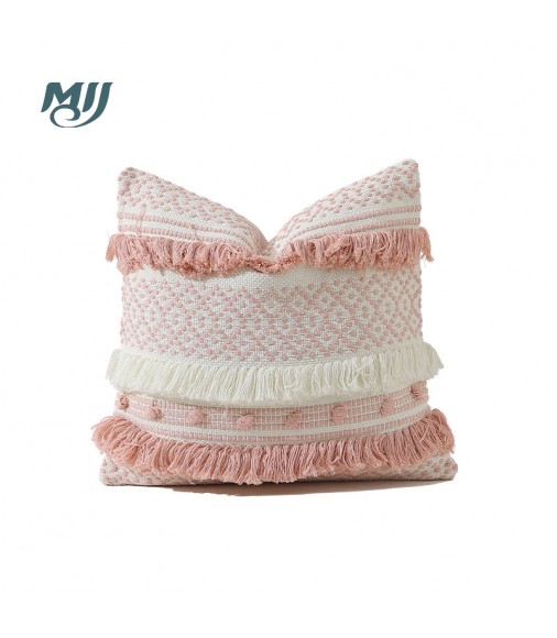 MOCOFO Blue and White Fringed Throw Pillow Cover - Textured Boho Decorative Cushion