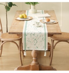 MOCOFO American Style Cotton Woven Floral Print Table Runner with Tassels for Dining & Coffee Table, Dresser, Sideboard