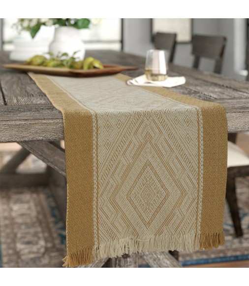 MOCOFO American Retro Cotton Woven Jacquard Table Runner with Fringe for Dining Table, Dresser, Amazon Restaurant Decor