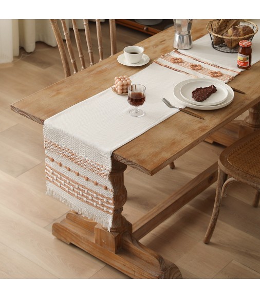 MOCOFO American Thick Woven Jacquard Table Runner - Retro Cotton Blend with Textured Design for Dining Table Decor