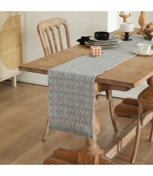 MOCOFO Boho Woven Diamond Pattern Table Runner - American Style Cotton Table Mat for Dining & Coffee Table, Heat Resistant
