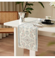 MOCOFO Spring Floral Print Table Runner - Chinese Zen Style Cotton Woven Placemat, New Year Tea Runner, Insulated Long Table Mat