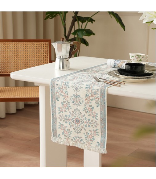 MOCOFO Spring Floral Print Table Runner - Chinese Zen Style Cotton Woven Placemat, New Year Tea Runner, Insulated Long Table Mat